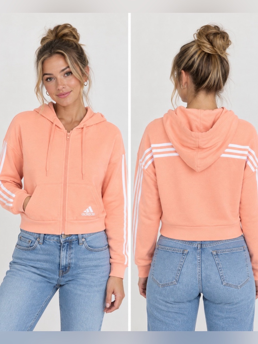 Adidas Women’s Peach Cropped Zip-Up Hoodie | 3-Stripe | Size M | Excellent